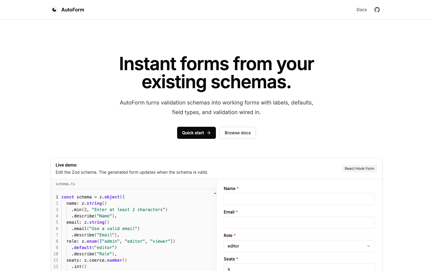AutoForm documentation with a live schema-to-form demo